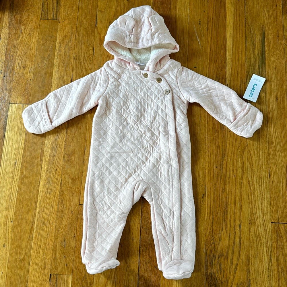 NWT Carter’s Baby Pink Hooded Quilted Jumpsuit Size 9 Months